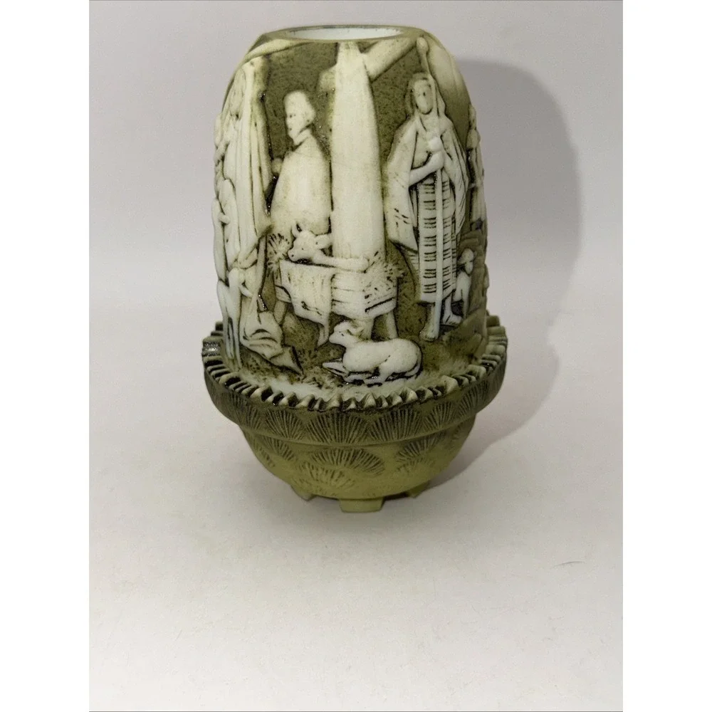 Fenton Nativity Scene Fairy Lamp SIGNED Relief Green White Free Ship 4.75